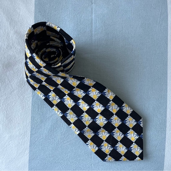 Gant Daisy Flowers 100% Silk Men’s Neck Tie Yellow Checkered Blue Made in Canada - Picture 13 of 15